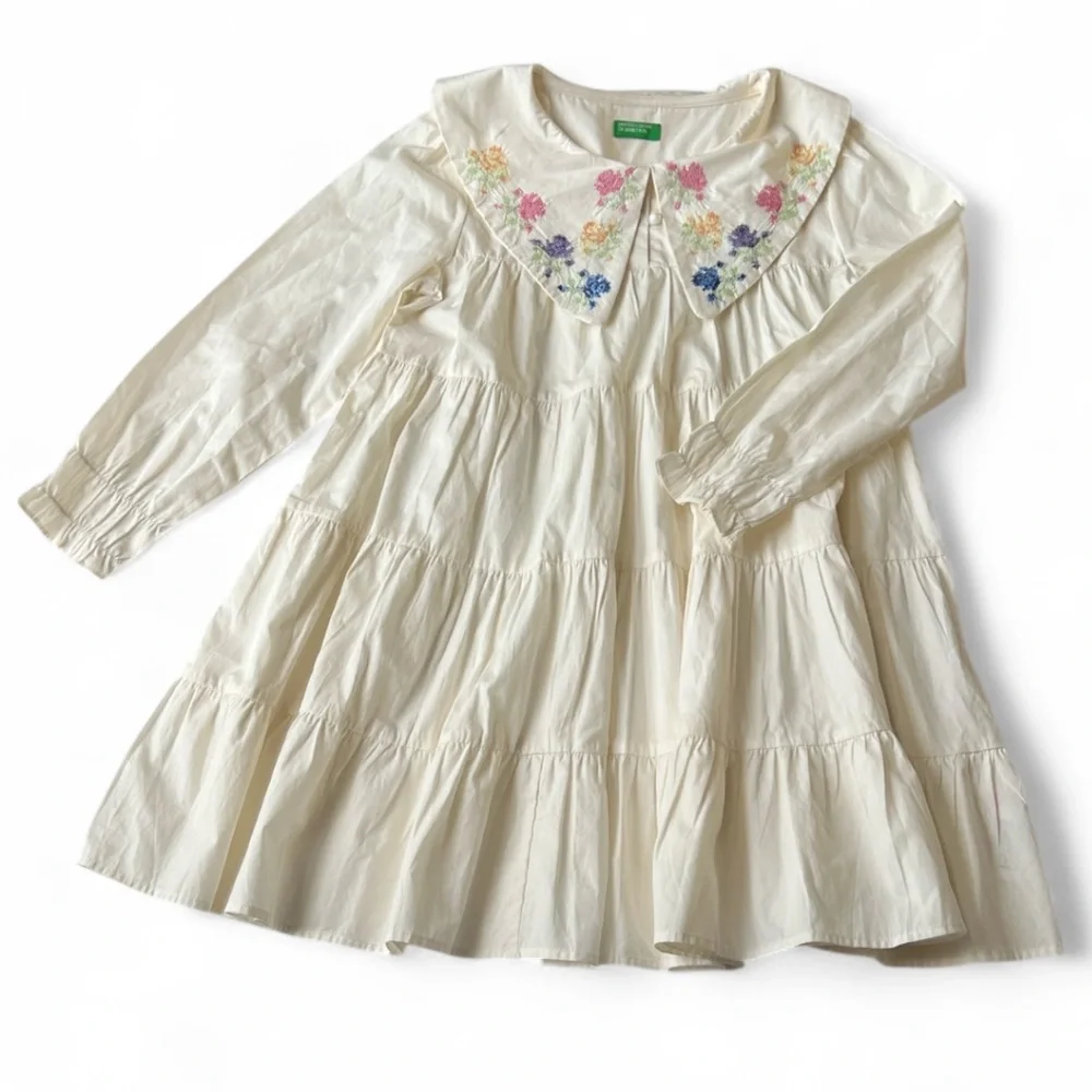 Vintage Benetton 100%COTTON Cross Stitch SPREAD COLLAR DRESS Girl L